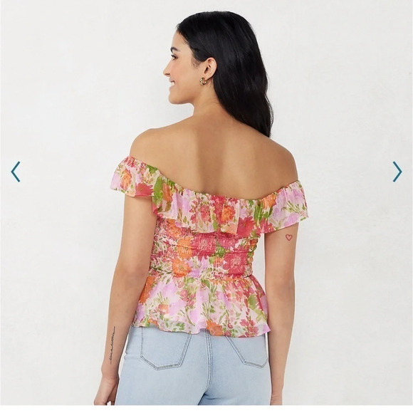 LC Lauren Conrad Ditsy Floral Smocked Ruffle Off-Shoulder Peplum Tank​​​​​​​​​ - Picture 6 of 6